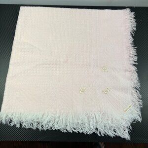 VTG Soft Pink Fringed Acrylic Throw Blanket Textured Pattern Embroidered Accents